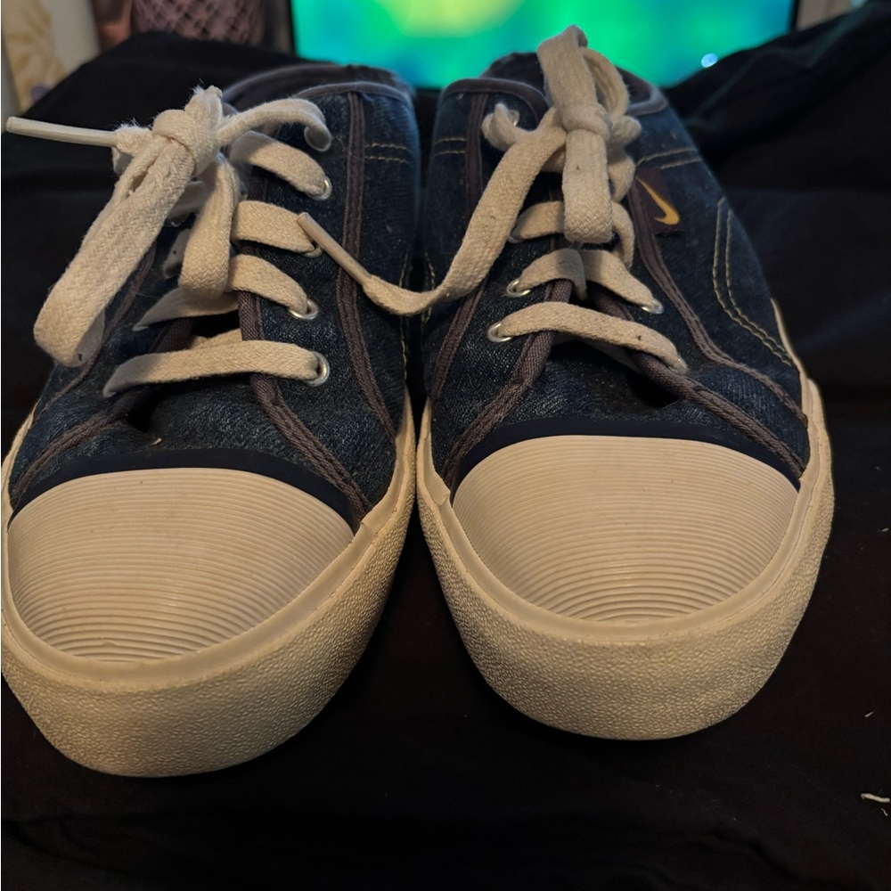 Blue and White Nike Mules